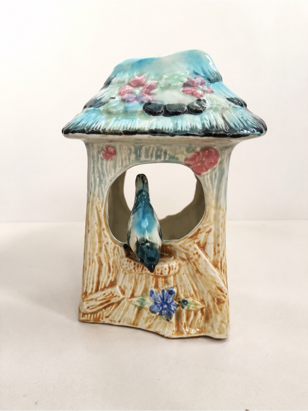Vintage Ceramic Birdhouse Planter Bluebird Cottagecore Farmhouse Decor
